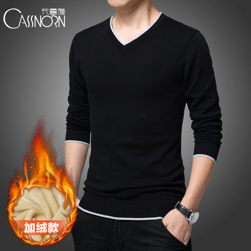 秋鼕季2017新款男士毛衣加絨加厚韓版潮流個性針織衫男v領毛線衣