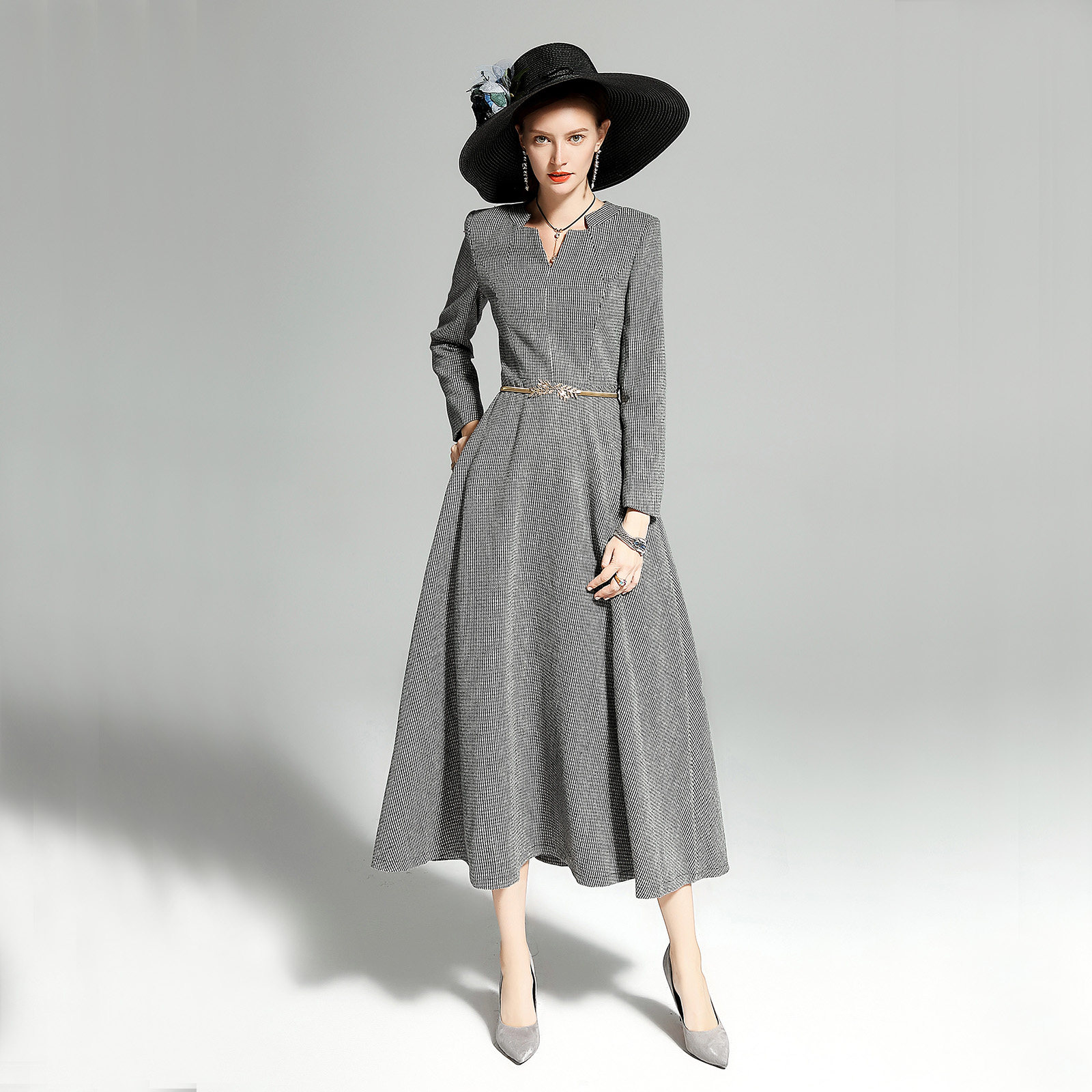 特价半身长裙女秋冬毛呢_欧美长裙9秋冬新款女灰色细格子v领御姐范毛