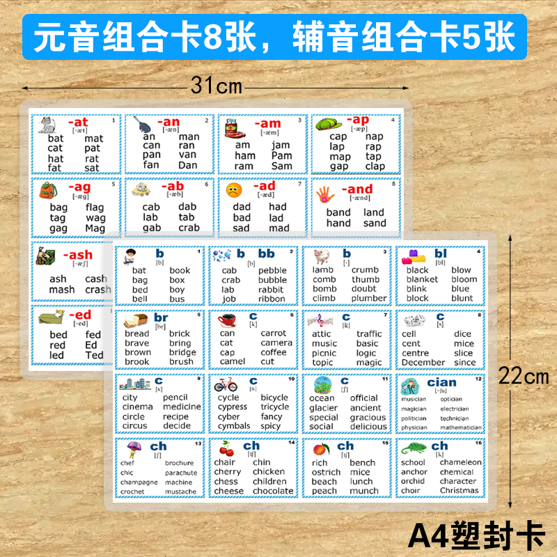 Phonics 幼儿英语自然拼读音标发音单词卡片英文字母组合家族例词