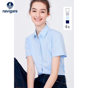 Navigare意大利小帆船蓝色短袖衬衫女夏季新款修身寸衫时尚衬衣