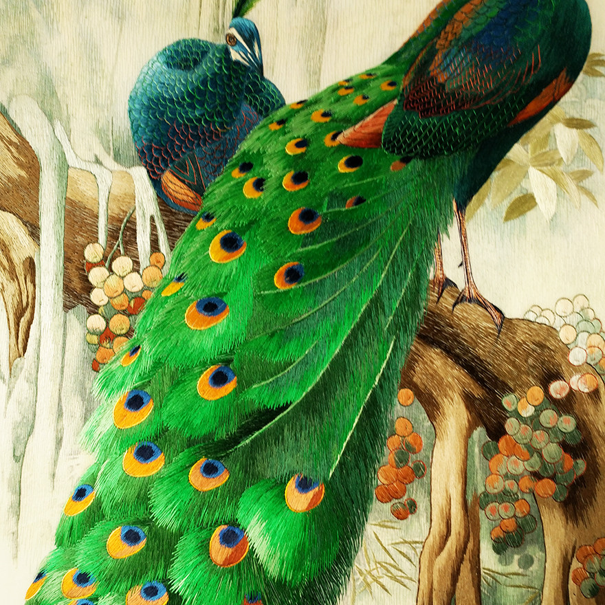 苏绣世家《绿孔雀》钱菊凤大师作品