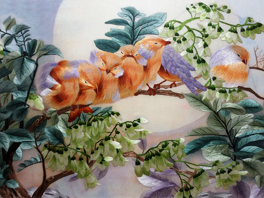 苏绣世家纯手工真丝匠心巧绣《栖息小鸟》钱菊凤大师工作室作品