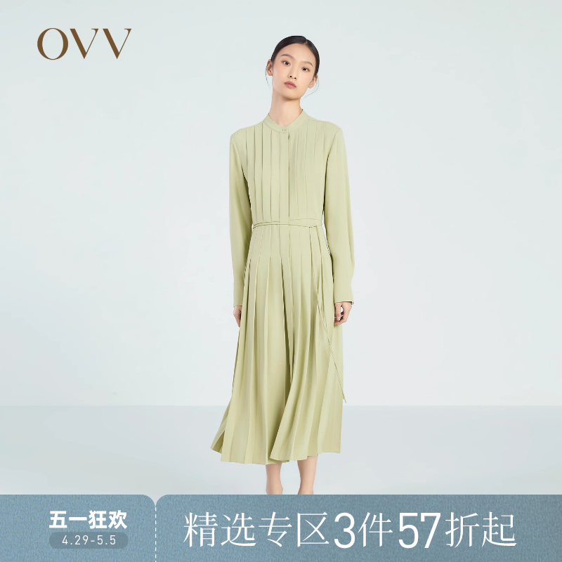 OVV春夏热卖女装优雅收腰经典舒适休闲通勤百褶连衣裙