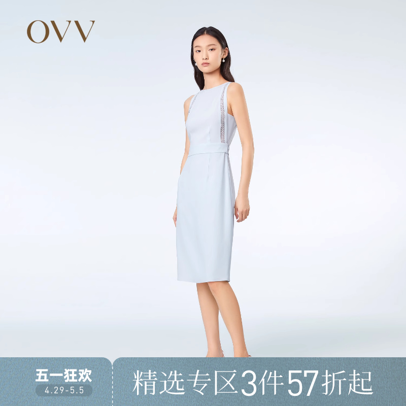 OVV2023春夏新款女装镂空蕾丝镶拼修身中长款休闲无袖连衣裙