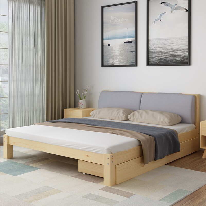 包邮 简约加厚软包加粗小孩床北欧轻奢全实木床卧室软包床头 单人床