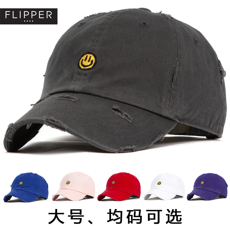 韩国Flipper棒球帽男女春夏可爱笑脸刺绣鸭舌帽韩版大号做旧帽子