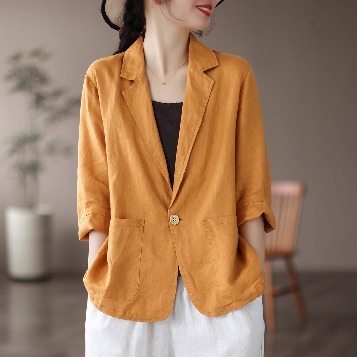 纯亚麻西装外套女春薄款2023年新款麻料七分袖夏季休闲棉麻小西服 券