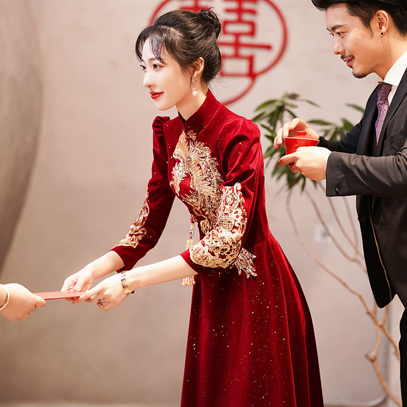 梦淼旗舰店的优惠券大全—中式旗袍敬酒服结婚礼服裙女订婚气质酒红色