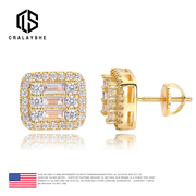Official authentic European and American hip-hop fashion personality tide brand inlaid zircon square stud earrings temperament high-end men