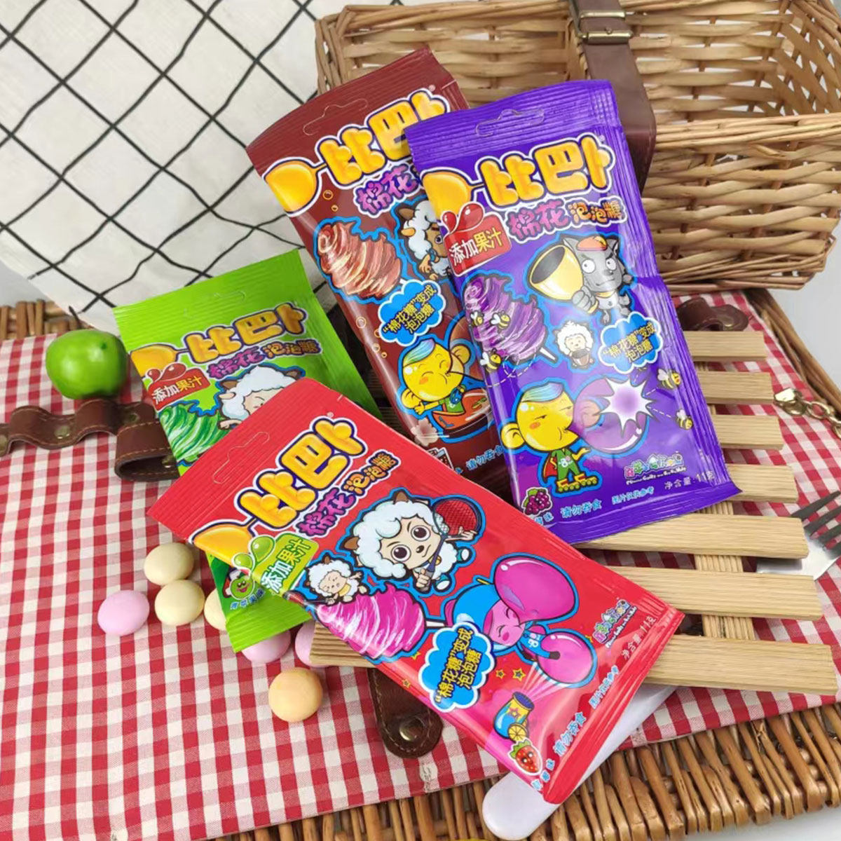 比巴卜棉花泡泡糖11g*12袋青苹果味多种口味泡泡糖儿童零食糖果