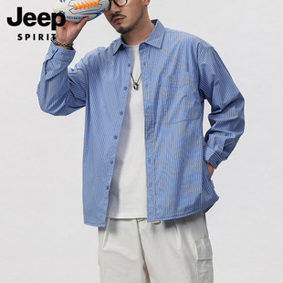Jeep吉普春日长袖衬衫男生高级感条纹休闲夏季外套式潮牌宽松衬衣