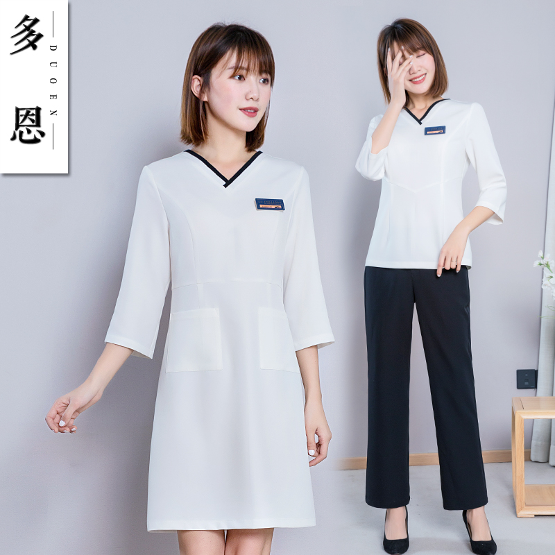 多恩美容师工作服春夏白色韩版养生工作服足浴技师服套装皮肤管理