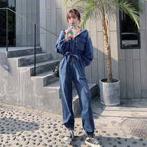 2020春装新款连帽拉链牛仔套装宽松收腰连衣裤潮bf工装连体牛仔裤