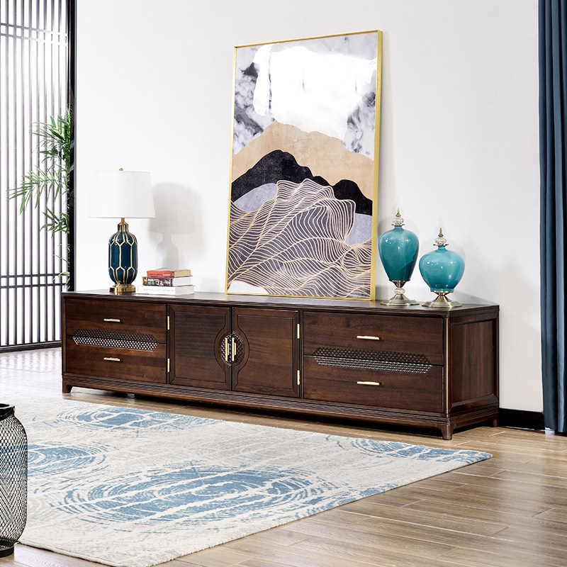 臻致美乌金木新中式电视柜全实木视听柜禅意别墅大户型客厅家具