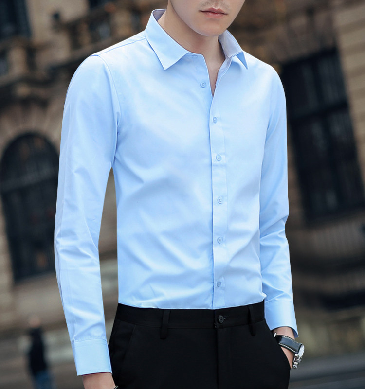 秋季衬衫男士长袖韩版帅气修身商务正装白寸衫职业浅蓝色衬衣潮流