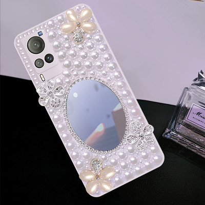 适用于vivo新款x60曲面屏手机壳网红潮牌珍珠自带镜子女手机套pro全包