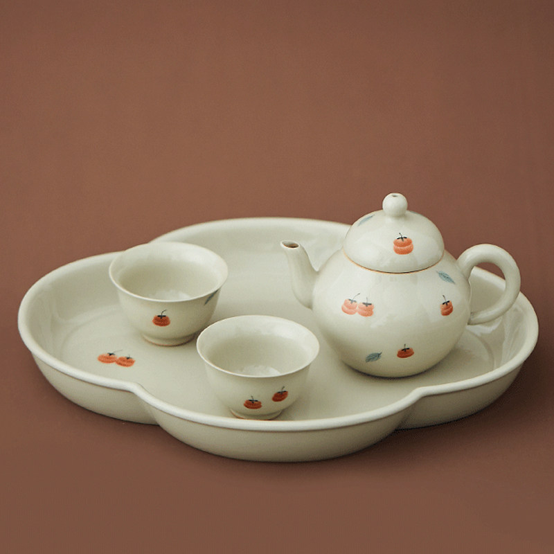 勾画景德镇纯手工茶具草木灰手绘柿子日式陶瓷家用小泡茶壶套装