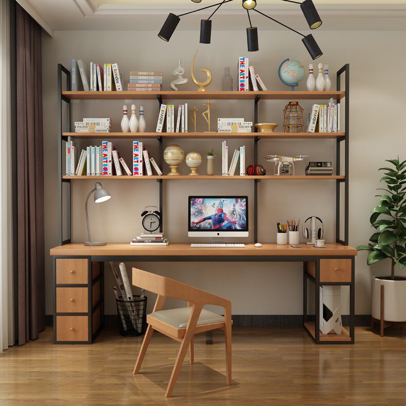 loft实木书桌书架组合学生学习桌电脑桌书柜一体桌书房卧室办公桌