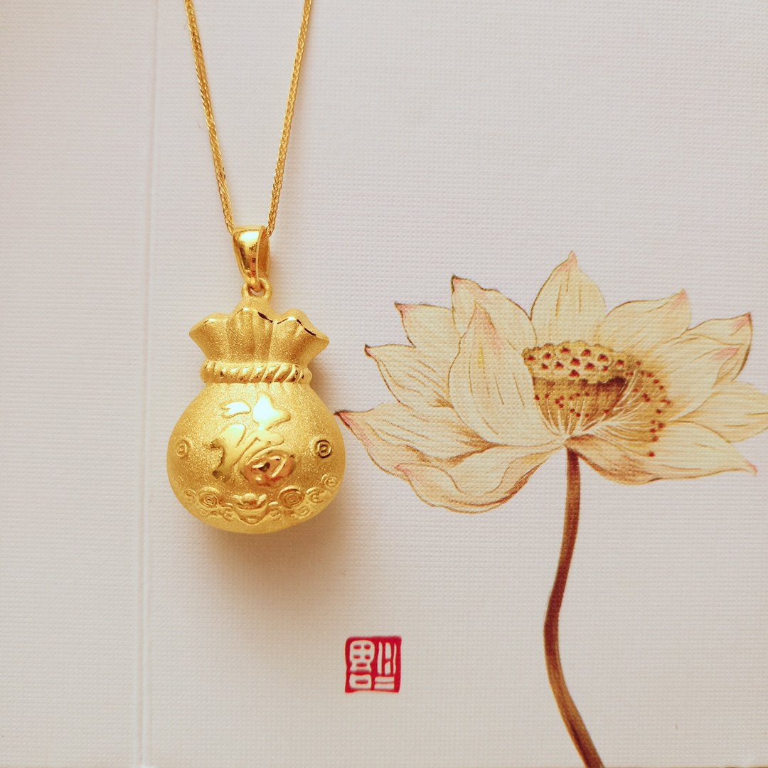 正品黄金福袋吊坠新款3d硬金福气串珠招财纳福999足金颈饰礼物