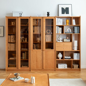 日式实木樱桃木书柜玻璃门北欧黑胡桃书架家用落地组合收纳书橱柜