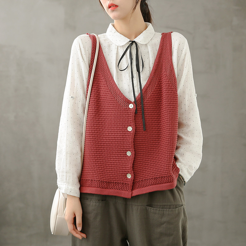 dza复古无袖针织衫女士毛背心休闲马甲2021秋季新款上衣显瘦马夹