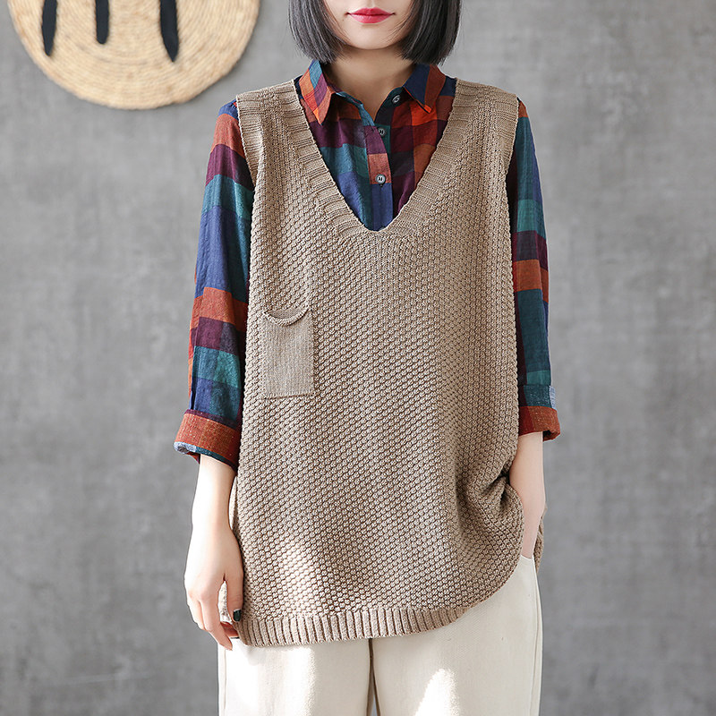 dza复古套头v领针织背心马甲女宽松上衣秋季2021新款毛衣马夹坎肩