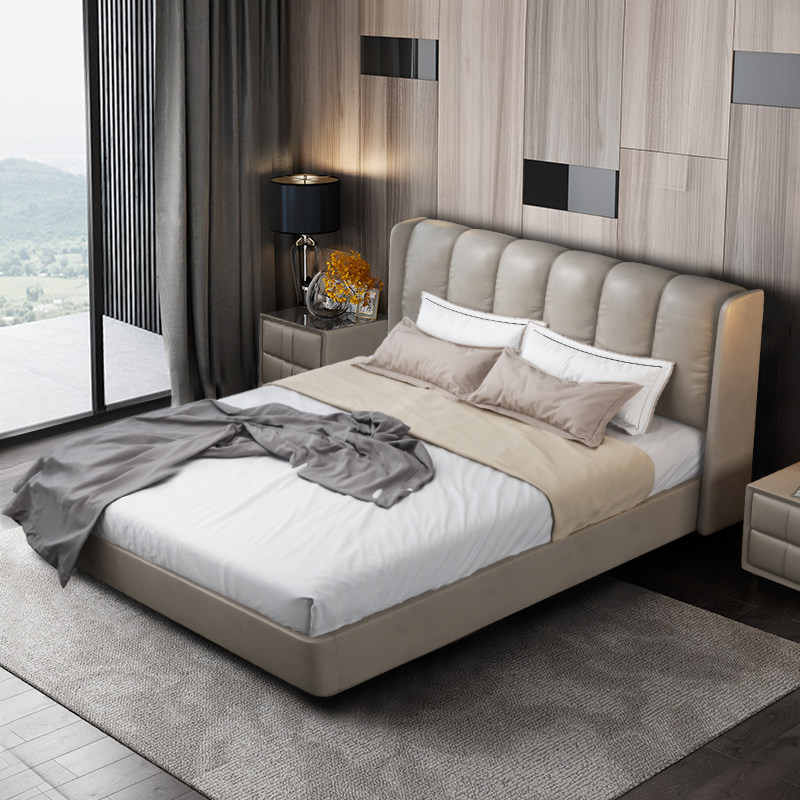 现代简约主卧头层牛皮大气真皮床18米床皮床舒适双人床北欧家具