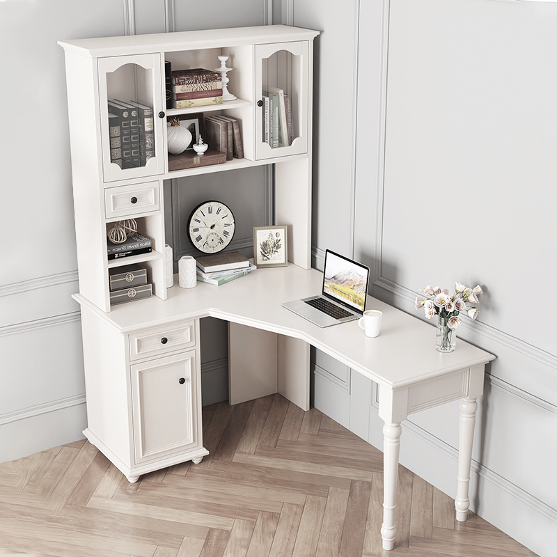 全实木轻奢美式拐角书桌书柜组合转角电脑桌书架一体现代简约家用