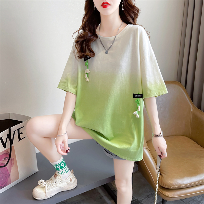 设计感小众短袖t恤女夏季韩版宽松大码女装中长款减龄渐变色上衣