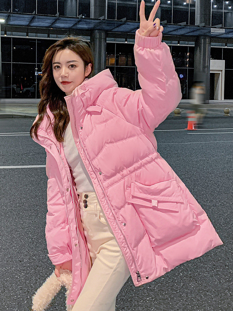 粉色羽绒服女中长款小个子