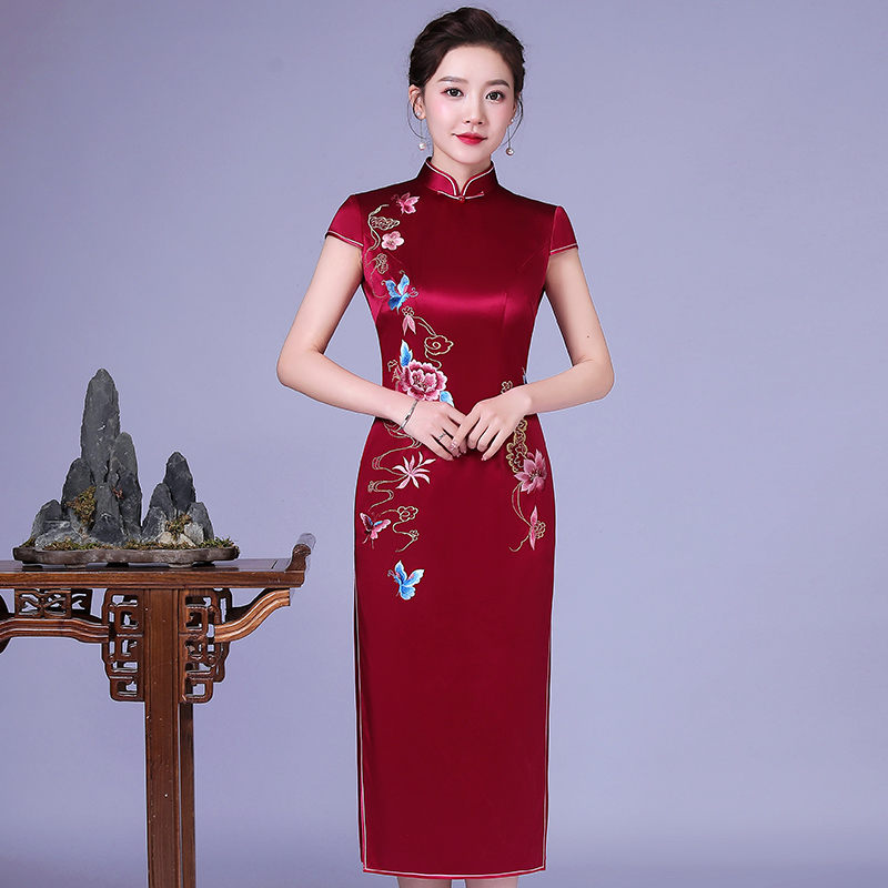 真丝绣花妈妈装婚宴高档旗袍裙喜婆婆母亲改良婚庆婚礼大码礼服夏