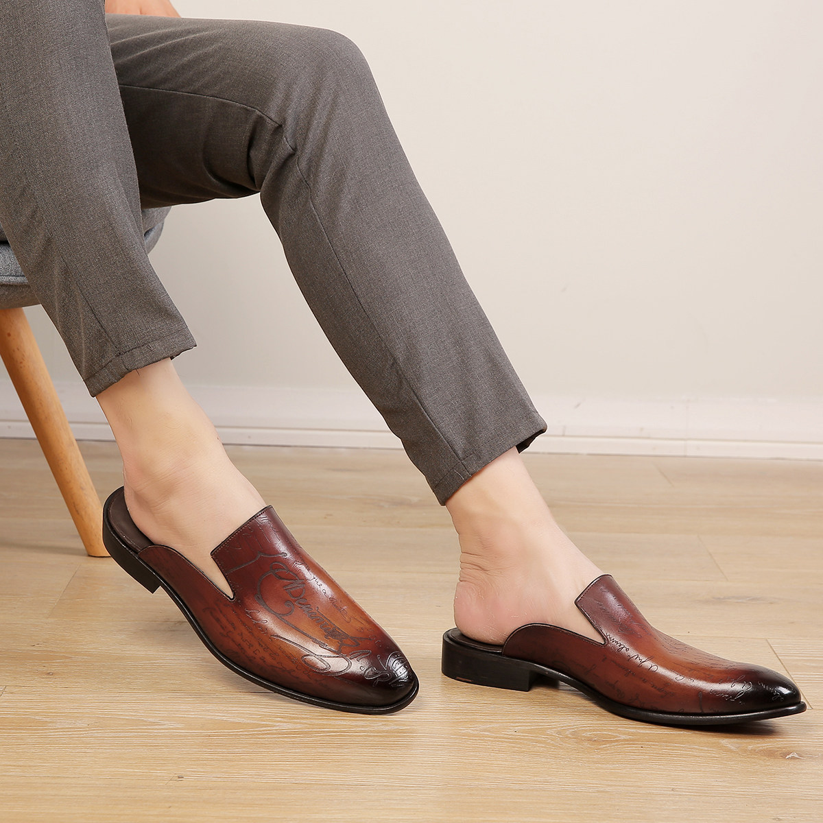 无后跟半拖鞋男英伦夏季尖头透气休闲真皮懒人一脚蹬皮鞋潮流个性