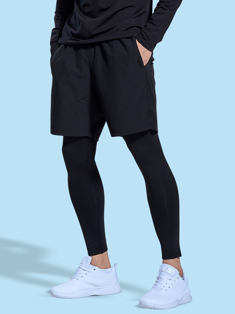 健身裤假两件运动裤男马拉松跑步训练裤短跑紧身裤子打底裤压缩裤