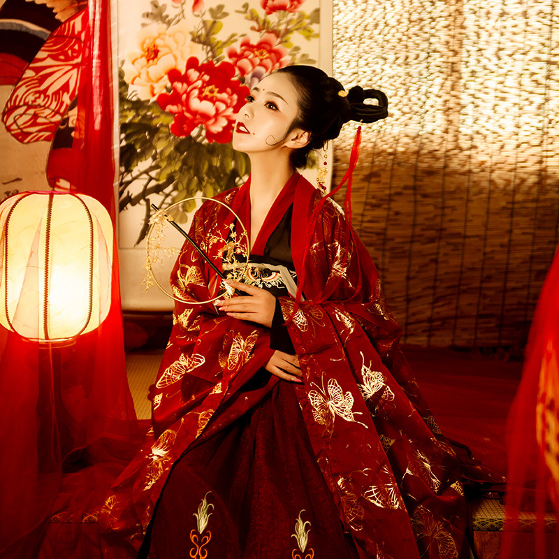 原创汉服女烫金蝴蝶夏堇大袖衫古装中国风齐胸襦裙红色婚服嫁衣