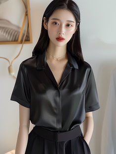 丝绸缎面黑色短袖衬衫女夏季新款通勤气质简约衬衣三醋酸法式上衣