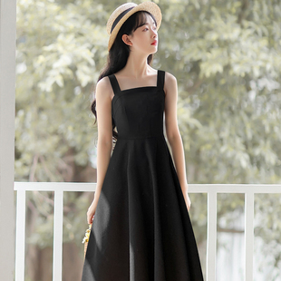 黑色吊带连衣裙女夏季2024新款小个子高级感赫本风长裙外穿小黑裙