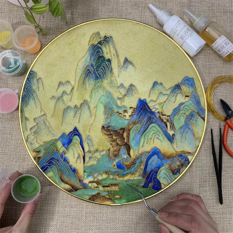 掐丝珐琅画diy千里江山图新中式青绿山水装饰挂画景泰蓝工艺画
