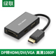 绿联DP转HDMI/DVI/VGA三合一转换器笔记本电脑外接屏显示器4k高清