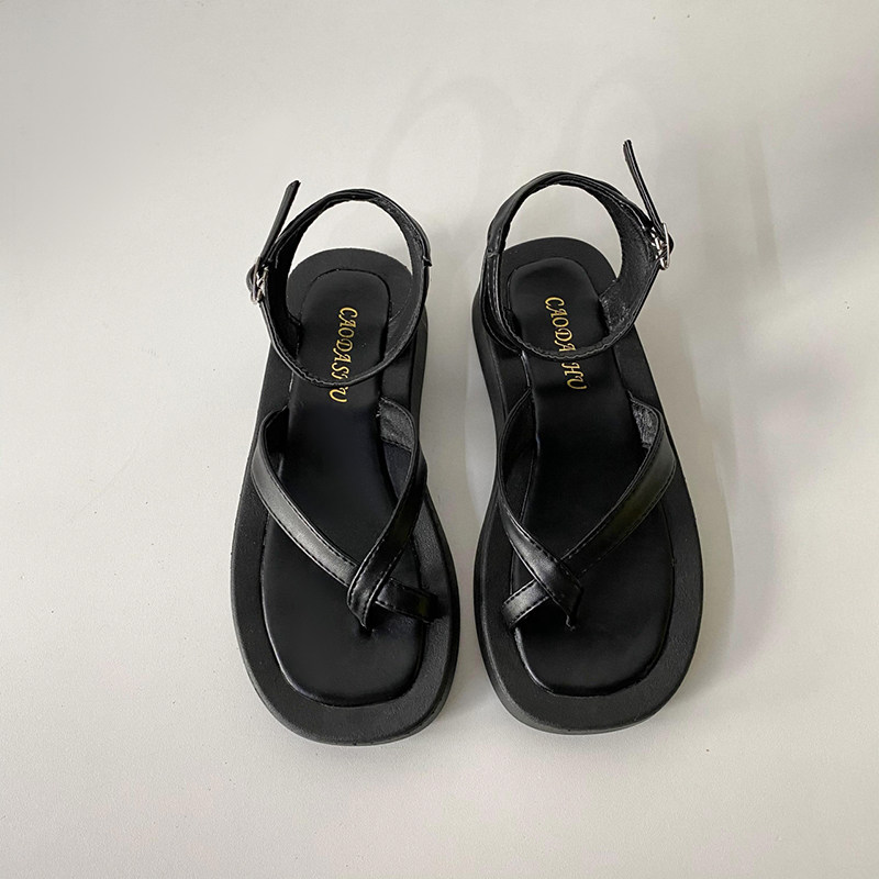 网红小众设计黑色罗马凉鞋女夏季平底大学生2022年新款仙女风百搭
