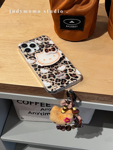 韩国ins少女棕色kt串珠挂链软壳适用14promax苹果iPhone13手机壳12豹纹支架11