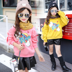 韩版儿童秋冬季加厚圆领卡通卫衣女童木耳边袖加绒中大童套头外套