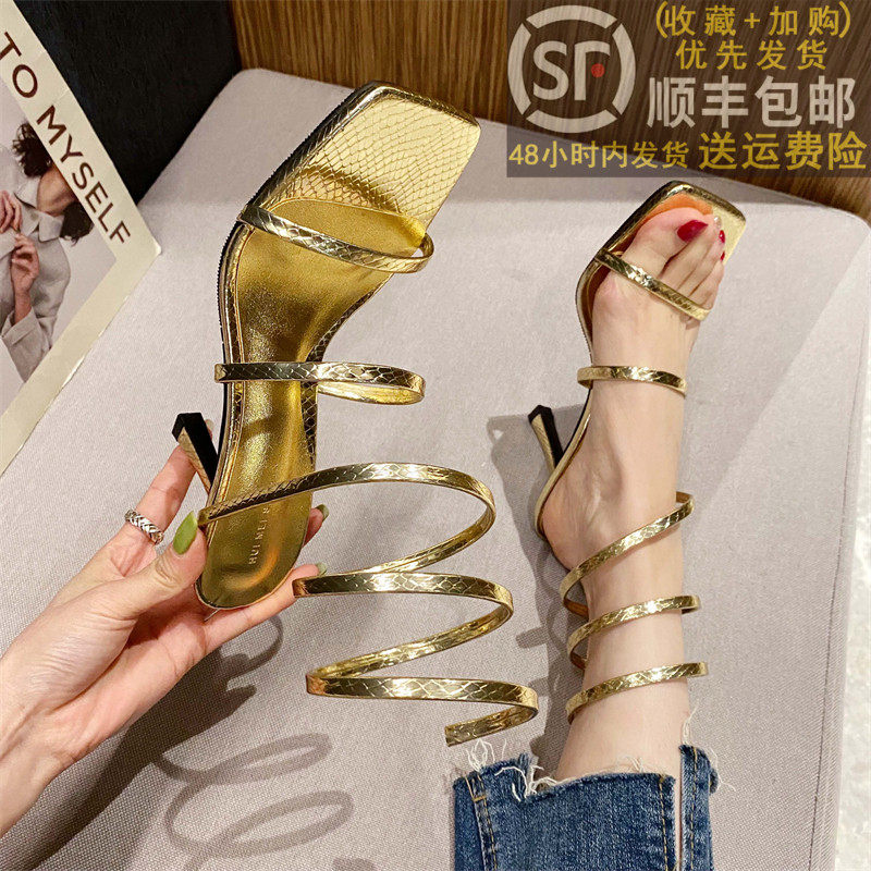 2022春夏新款欧美风方头露趾时装凉鞋小众设计弹簧脚腕绊带高跟鞋