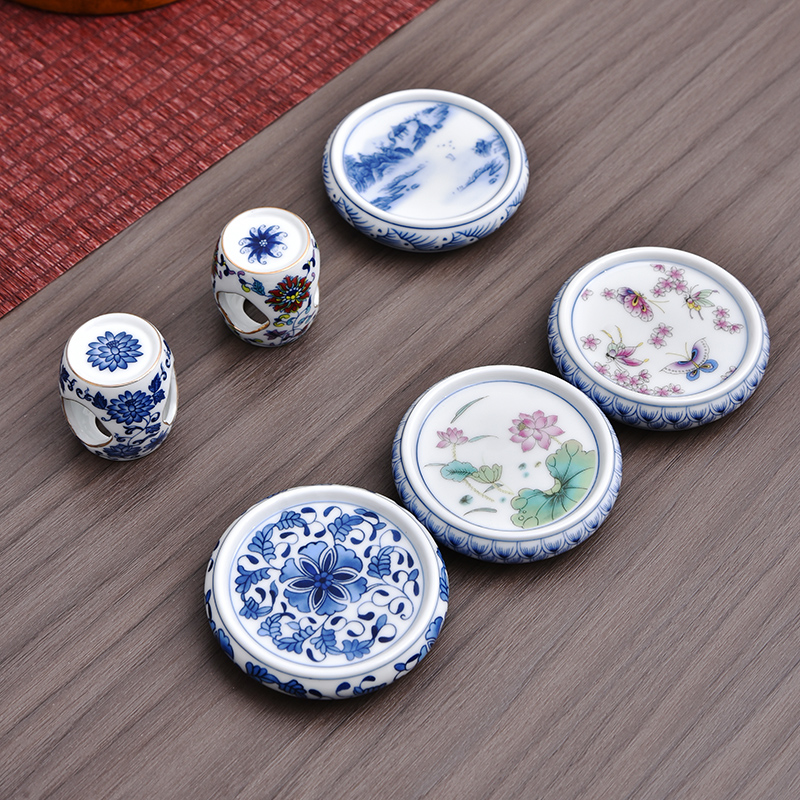 中国风青花盖置家用创意陶瓷摆件茶道配件放壶盖碗茶托腰鼓盖托枕