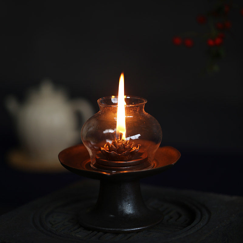 中式古风陶瓷蜡烛灯台茶道茶席酥油灯座莲花供佛烛台怀旧桌面摆件