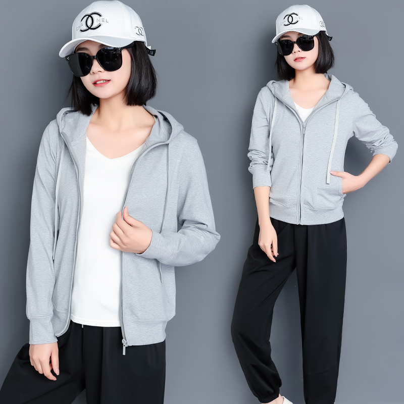 超薄纯棉运动外套女春夏休闲拉链开衫单件上衣女士跑步连帽卫衣服