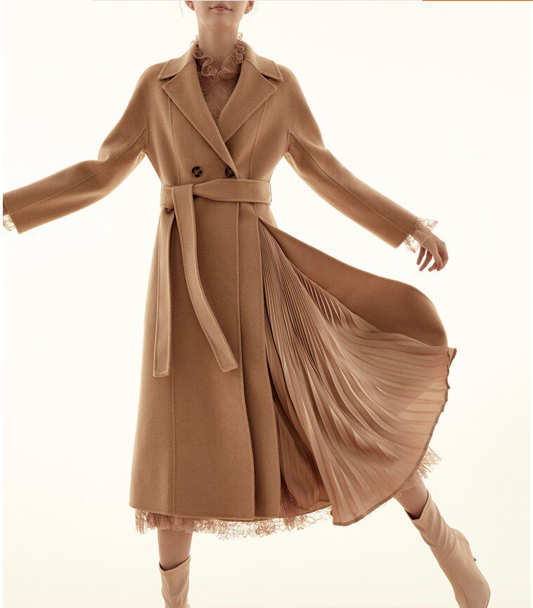 奥丽嘉朵2020秋季新款驼色不对称衣摆系带大衣中长款女1c39580050