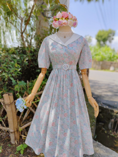 兔子大人｜手作服 Laura ashley vintage甜美爱心腰带高腰连衣裙