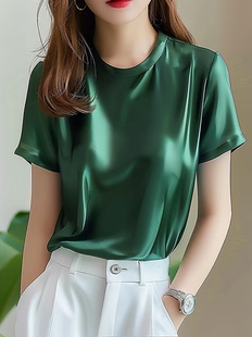 墨绿色短袖T恤女高级感2024年新款时尚洋气宽松醋酸丝绸妈妈上衣