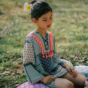 更牌童装夏季新品儿童女童大童民族风越南风纯棉长袖连衣裙