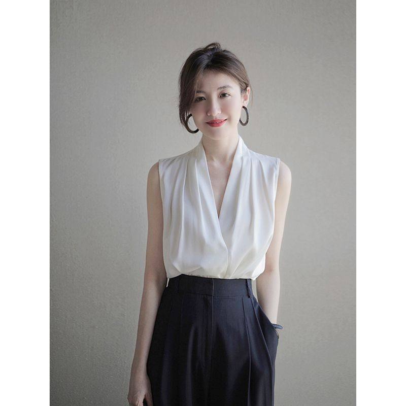 白色无袖雪纺衬衫女装夏季法式职业气质上衣衬衫